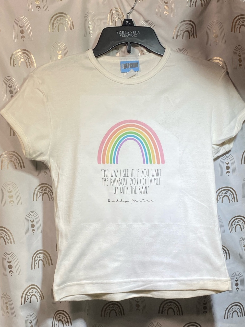XOXO White Short Sleeve Tee with Pastel Rainbow Graphic